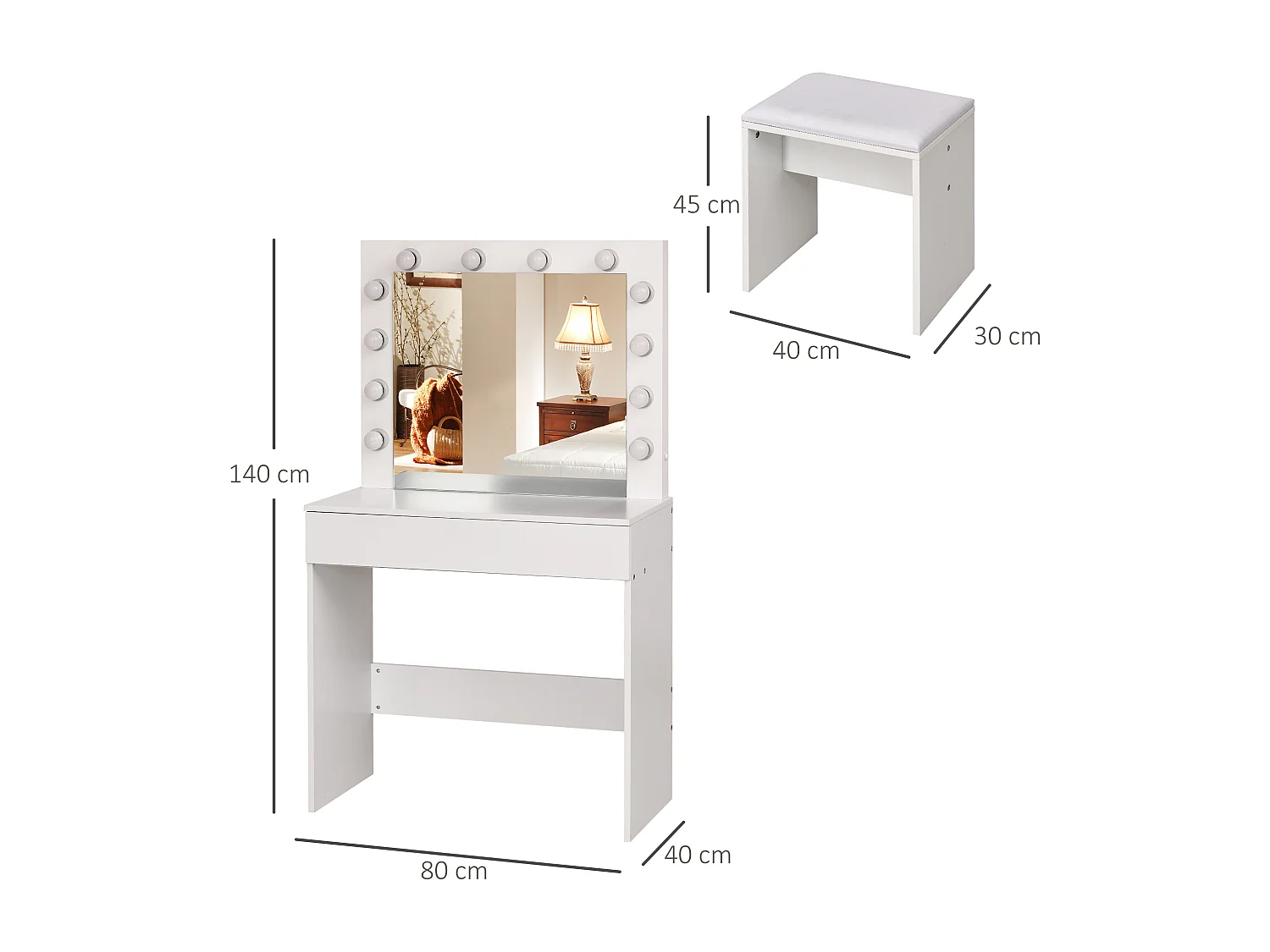 Set tavolo da trucco con specchio a led e sgabello in legno bianco