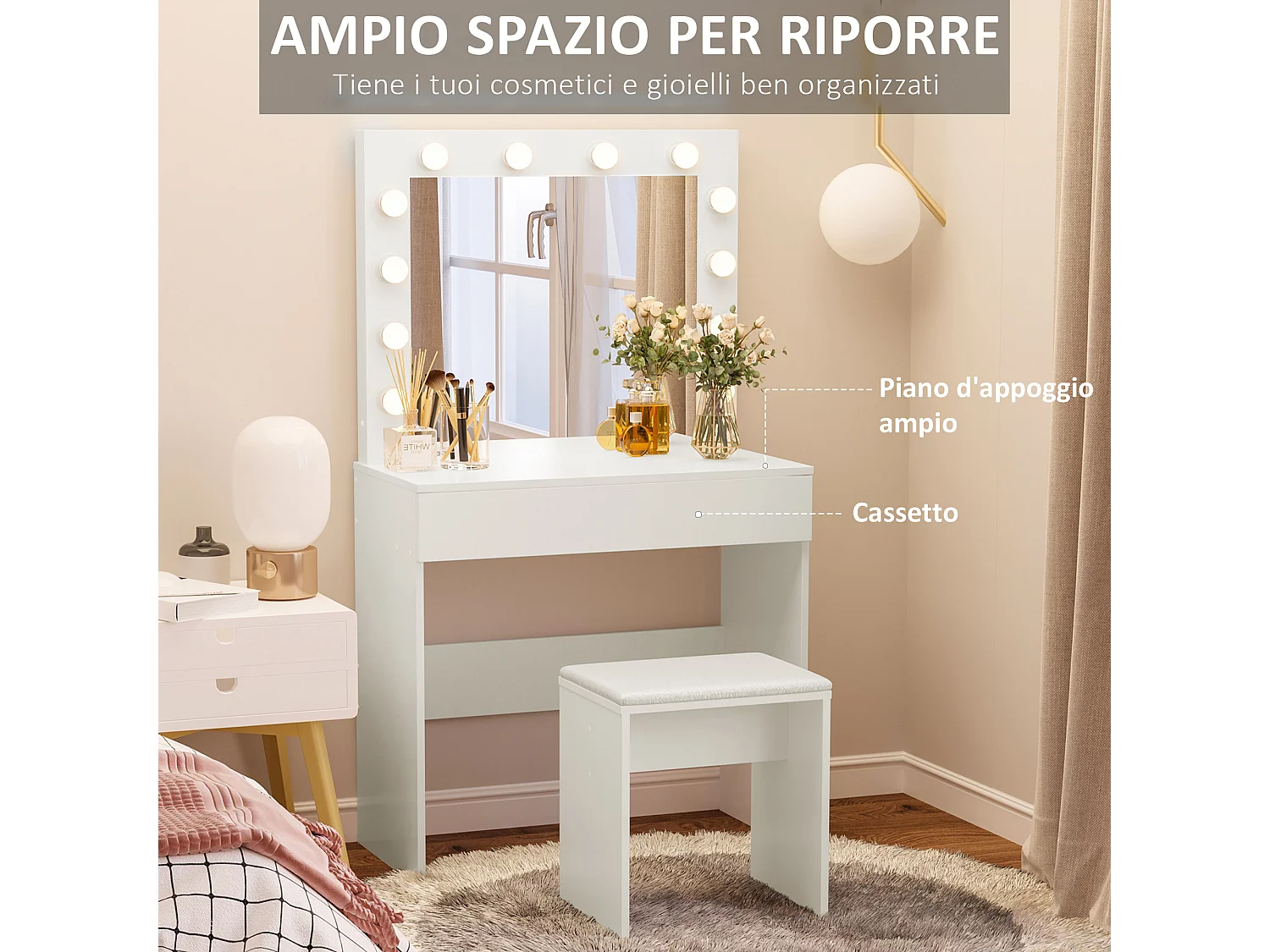 Set tavolo da trucco con specchio a led e sgabello in legno bianco