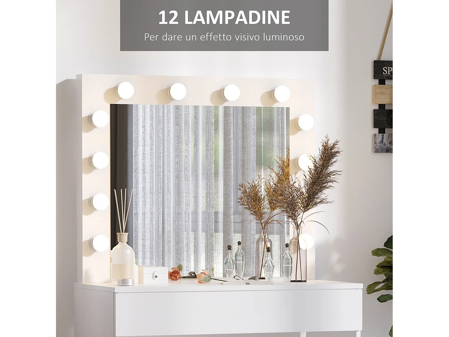 Set tavolo da trucco con specchio a led e sgabello in legno bianco