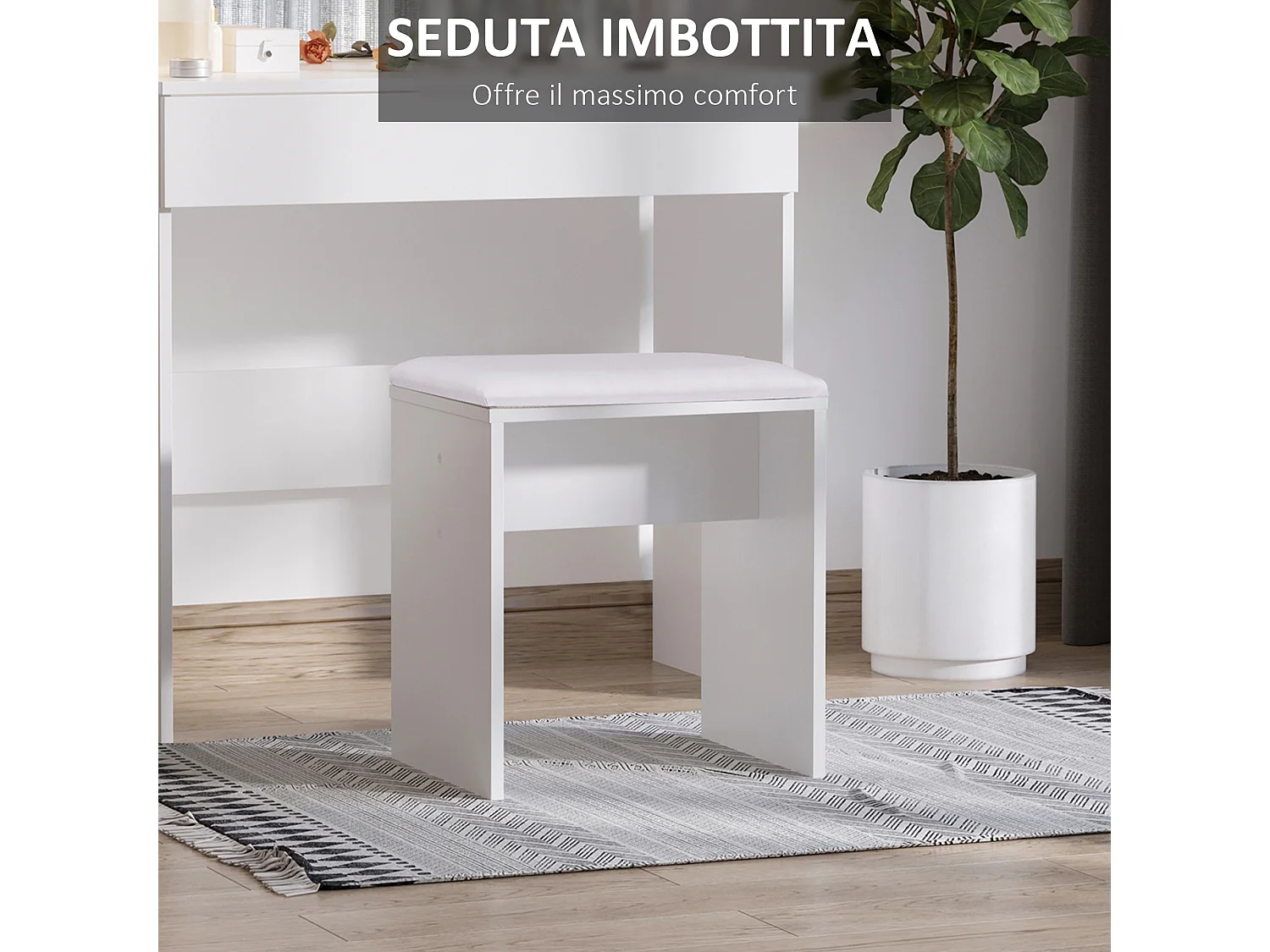 Set tavolo da trucco con specchio a led e sgabello in legno bianco