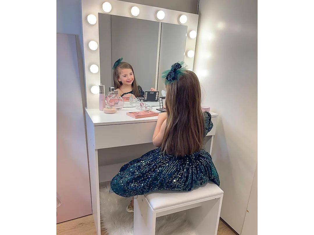 Set tavolo da trucco con specchio a led e sgabello in legno bianco