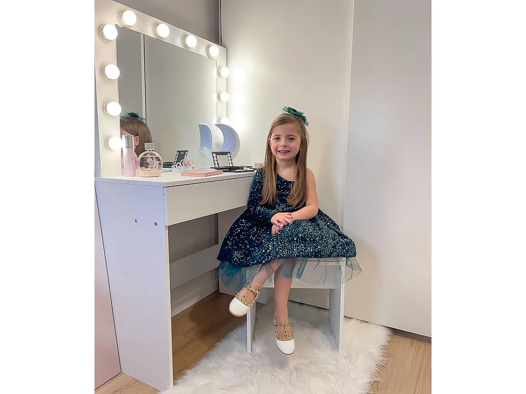 Set tavolo da trucco con specchio a led e sgabello in legno bianco