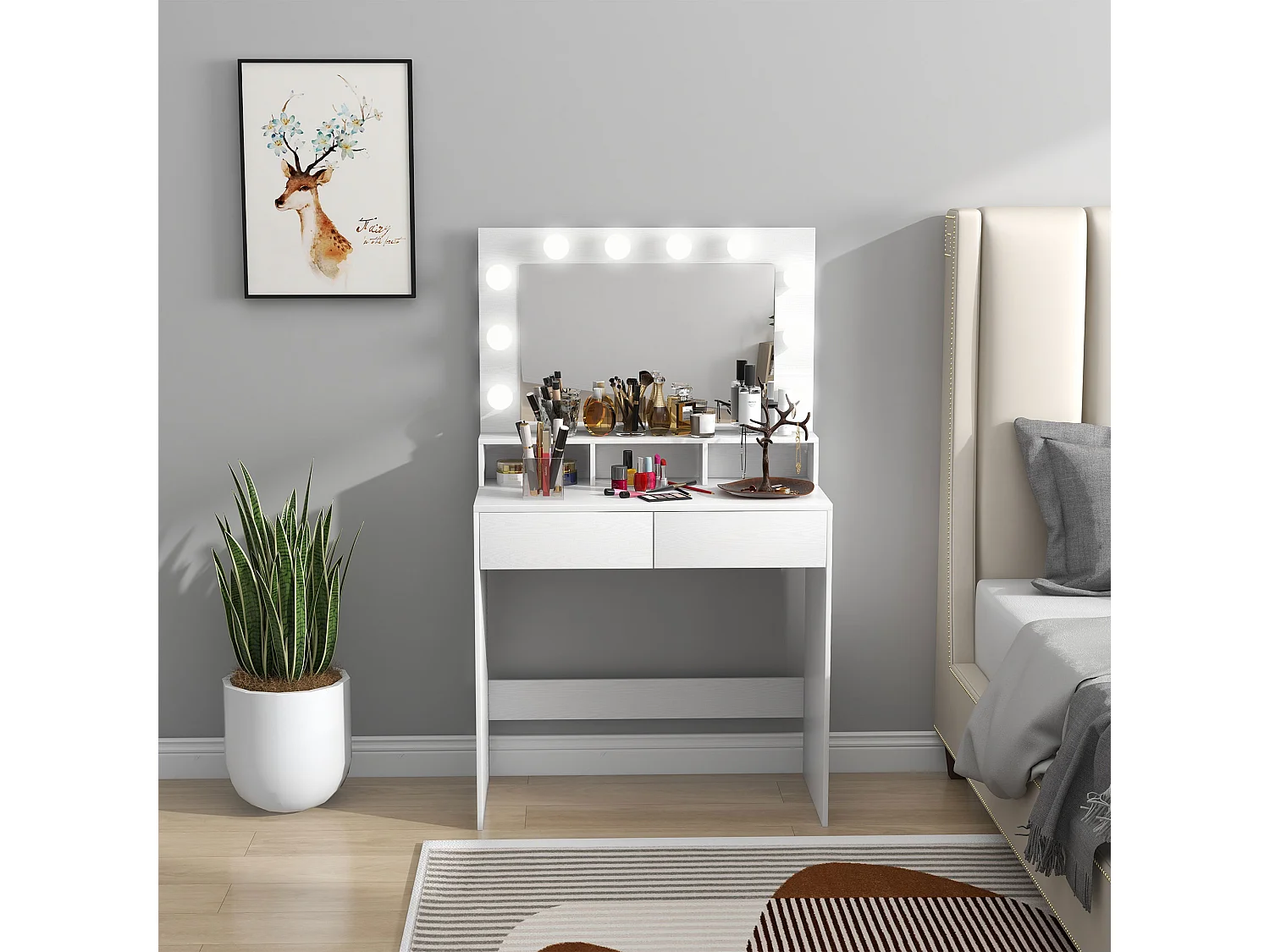 Tavolo toeletta trucco con specchio luci led regolabili e 2 cassetti