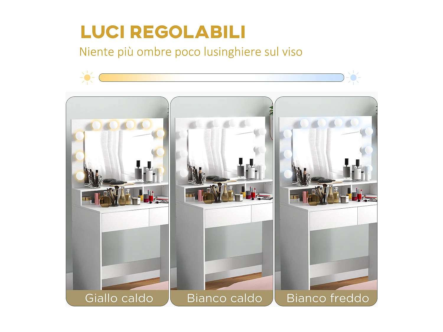 Tavolo toeletta trucco con specchio luci led regolabili e 2 cassetti
