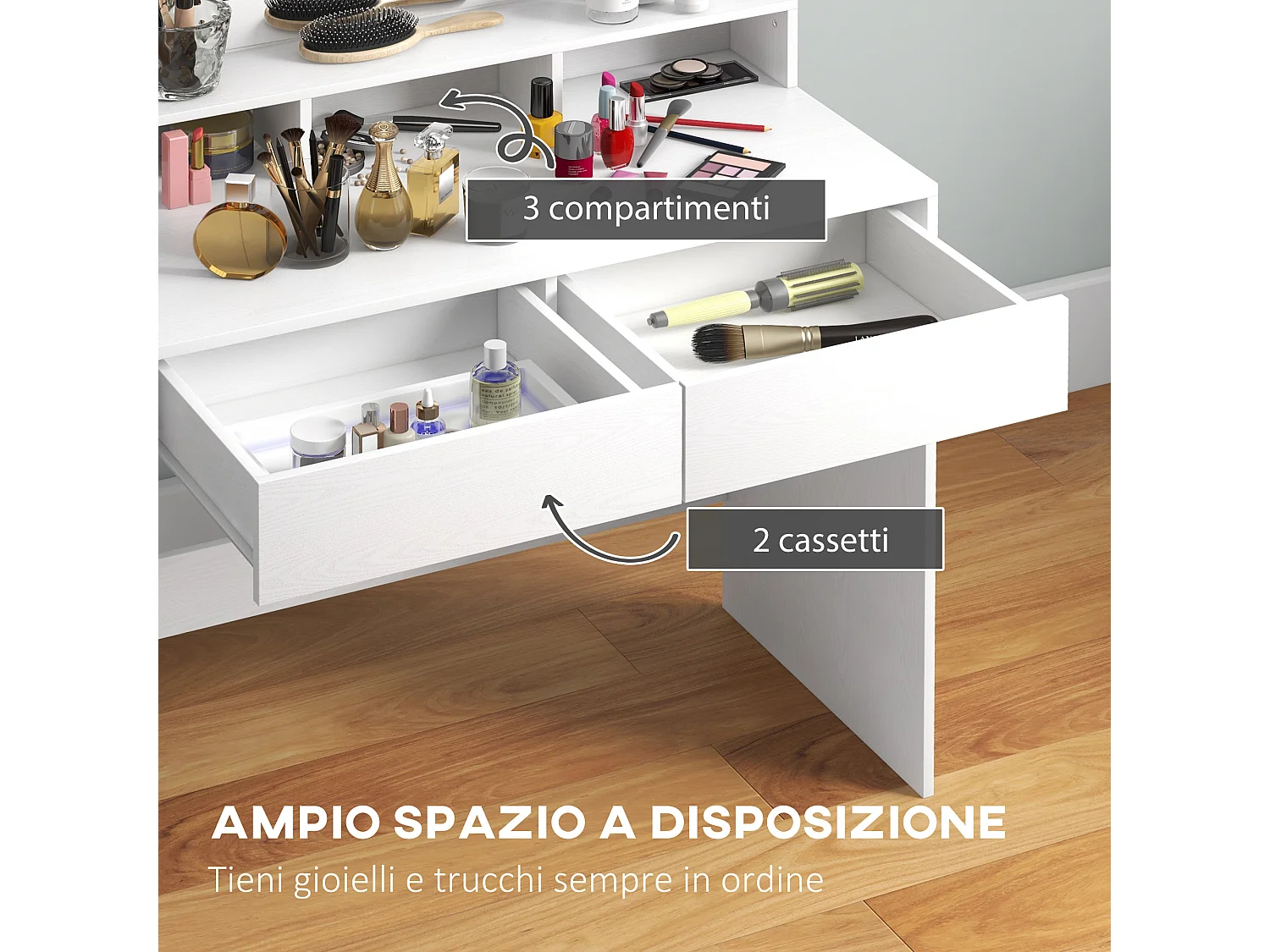 Tavolo toeletta trucco con specchio luci led regolabili e 2 cassetti