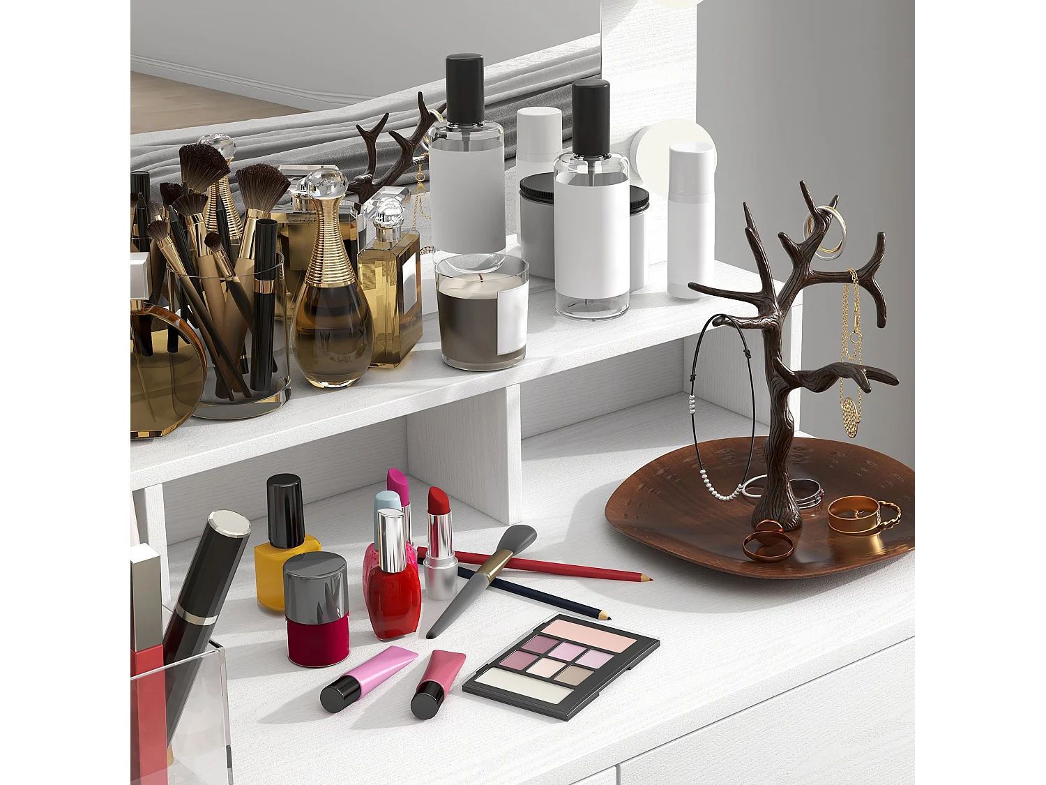 Tavolo toeletta trucco con specchio luci led regolabili e 2 cassetti