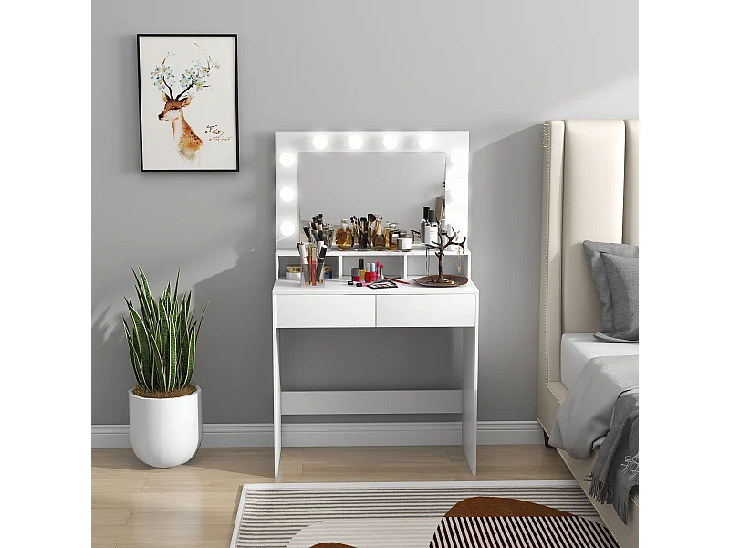 Tavolo toeletta trucco con specchio luci led regolabili e 2 cassetti