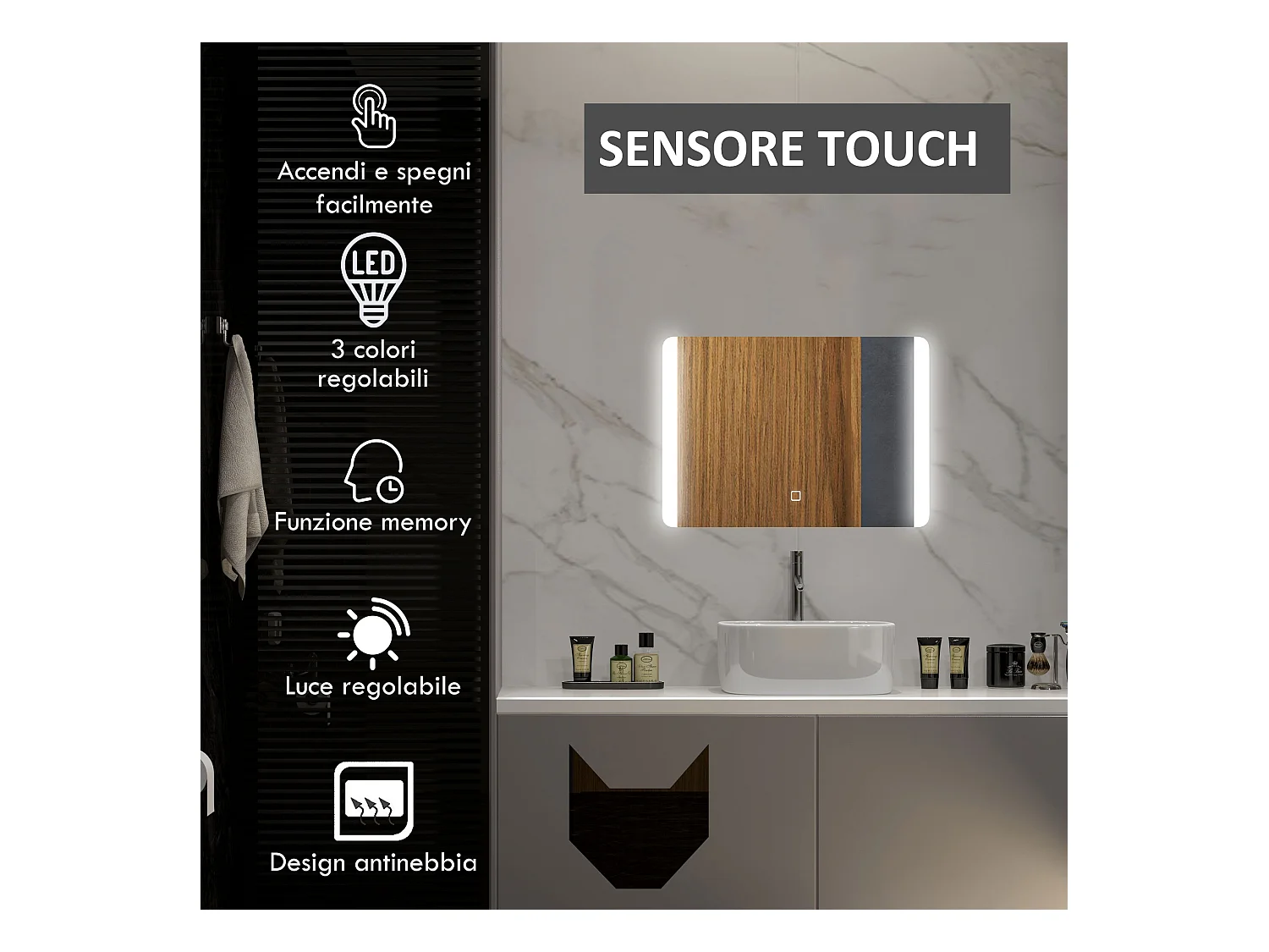 Specchio bagno con luce led interruttore touch e antiappannamento