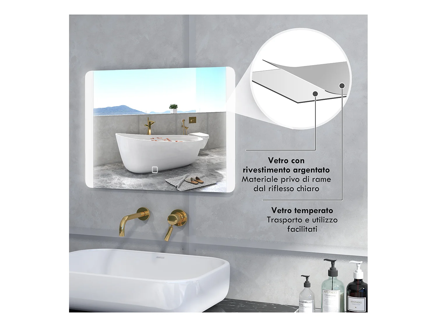 Specchio bagno con luce led interruttore touch e antiappannamento