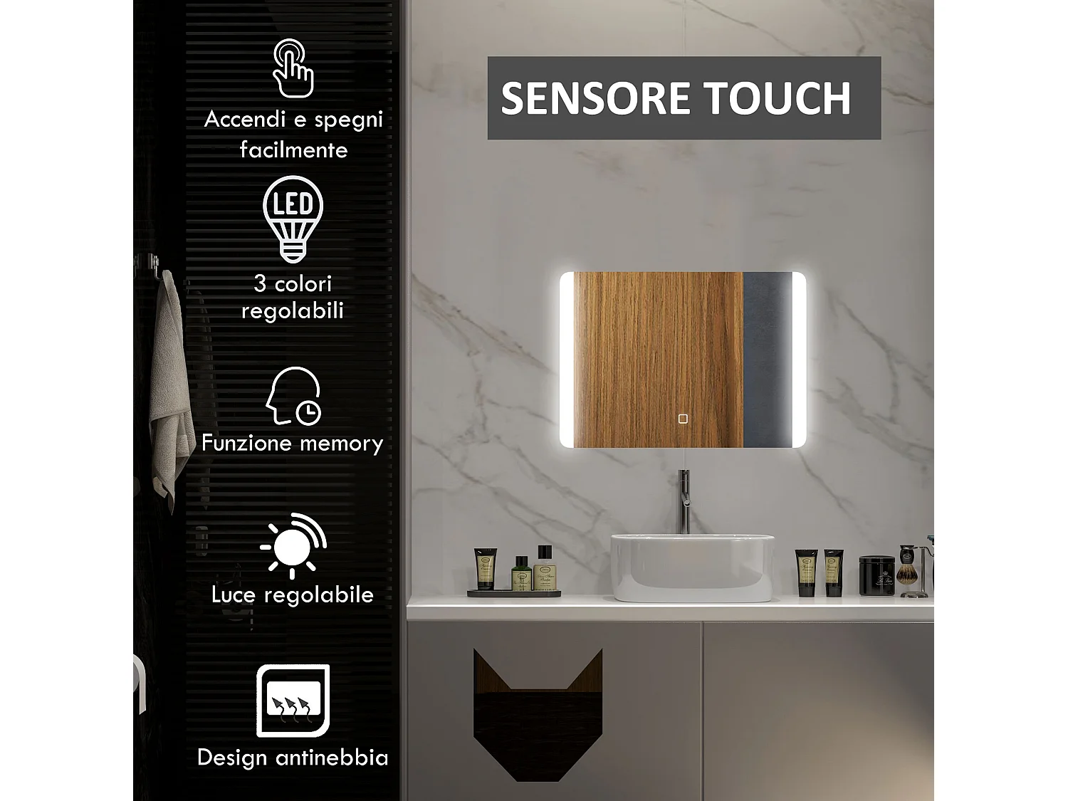 Specchio bagno con luce led interruttore touch e antiappannamento