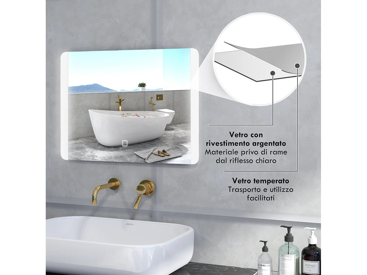 Specchio bagno con luce led interruttore touch e antiappannamento