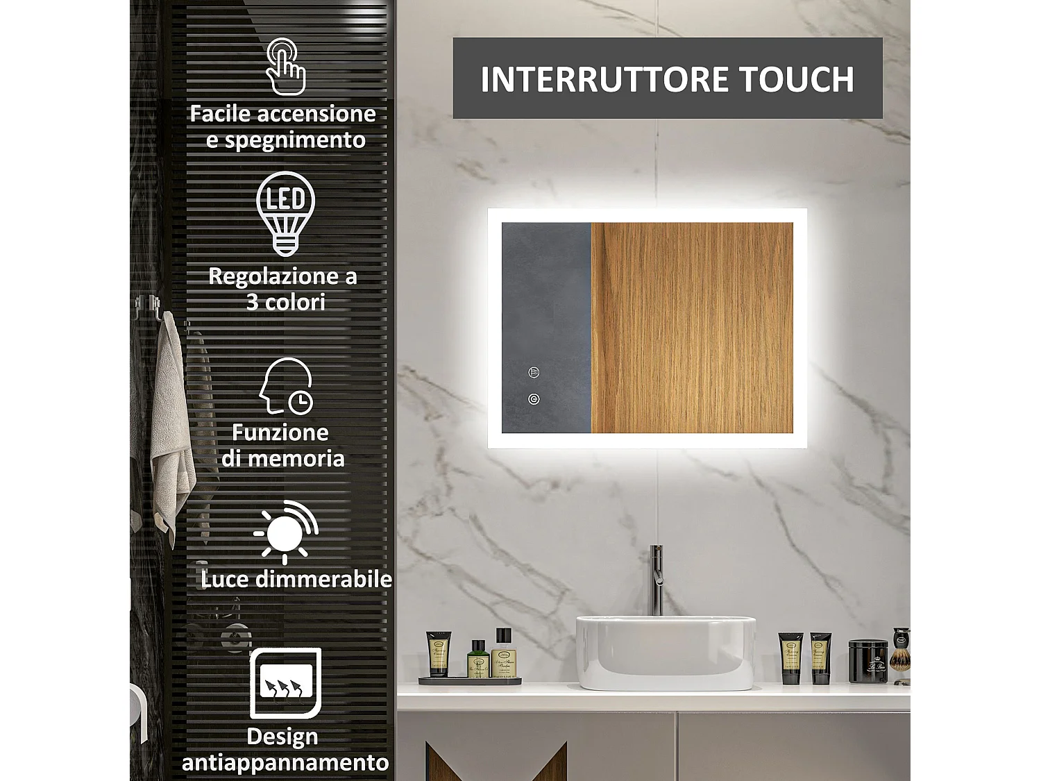 Specchio bagno illuminato regolabile e antiappannamento 70x50 cm