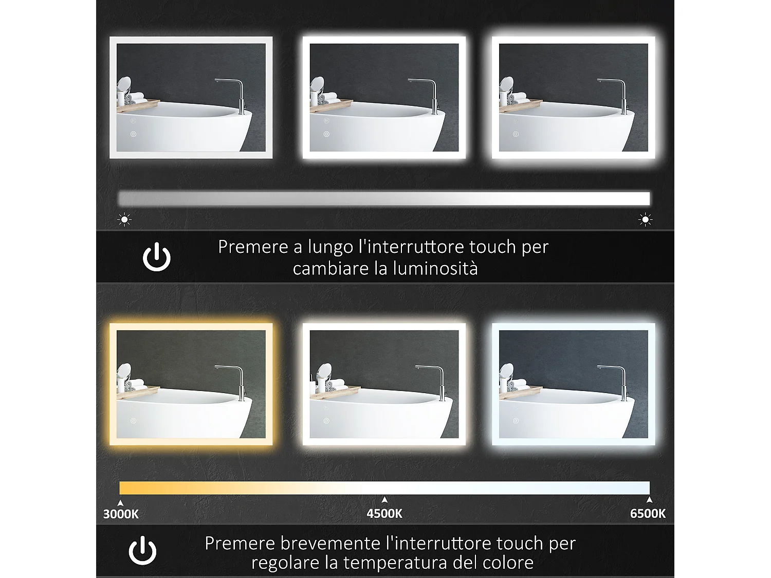 Specchio bagno illuminato regolabile e antiappannamento 70x50 cm