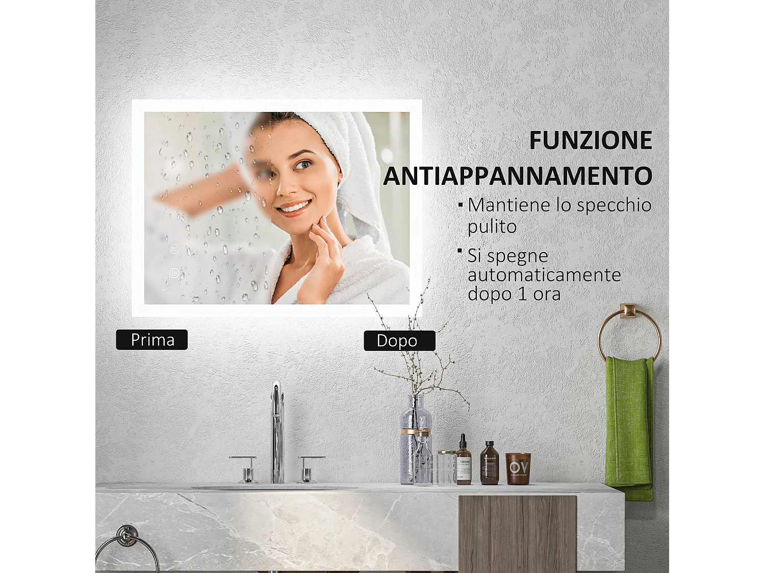 Specchio bagno illuminato regolabile e antiappannamento 70x50 cm