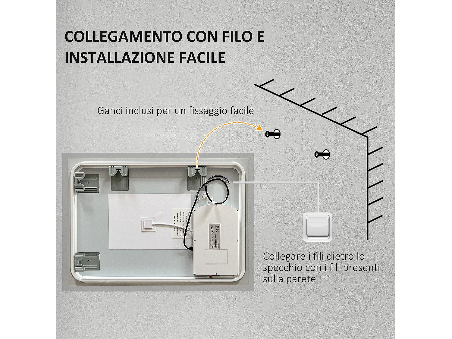 Specchio bagno illuminato regolabile e antiappannamento 70x50 cm