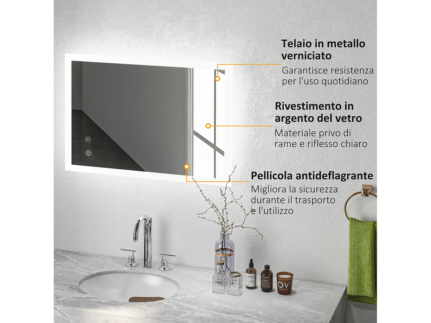 Specchio bagno illuminato regolabile e antiappannamento 70x50 cm
