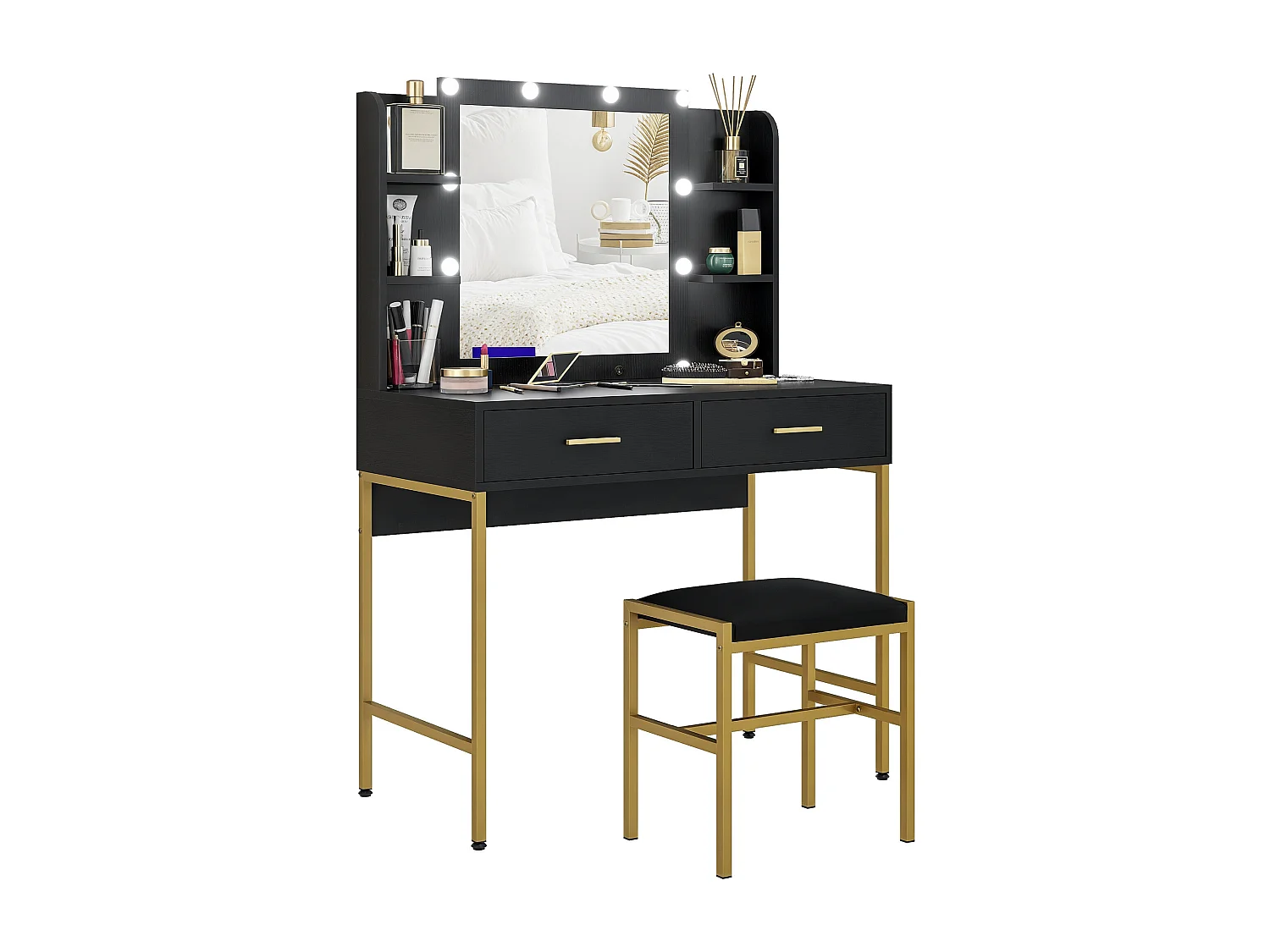 Tavolo da trucco a 2 cassetti 6 ripiani con accessori e sgabello nero