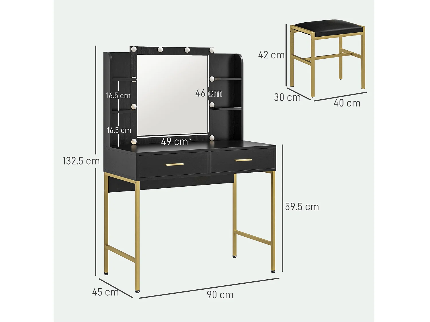 Tavolo da trucco a 2 cassetti 6 ripiani con accessori e sgabello nero