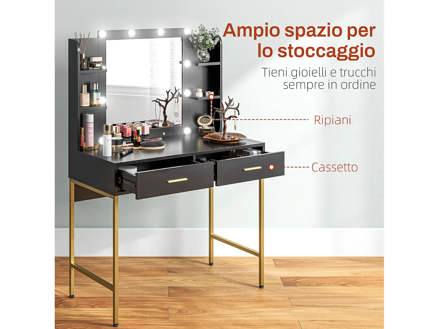 Tavolo da trucco a 2 cassetti 6 ripiani con accessori e sgabello nero
