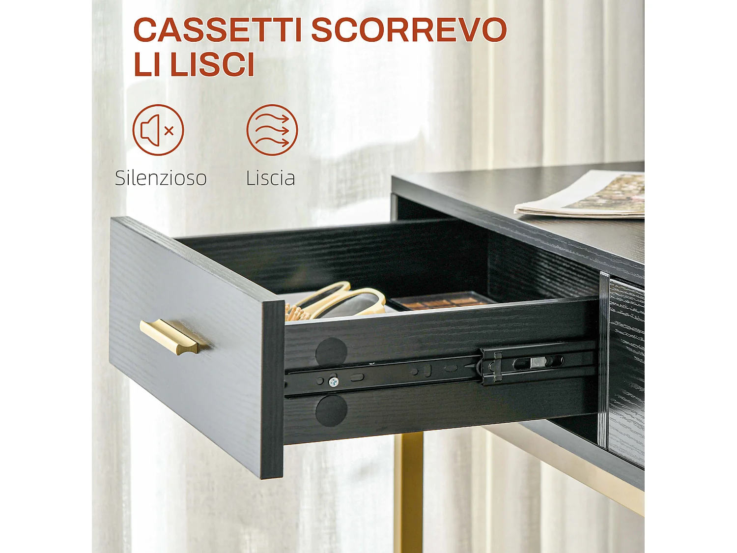 Tavolo da trucco a 2 cassetti 6 ripiani con accessori e sgabello nero