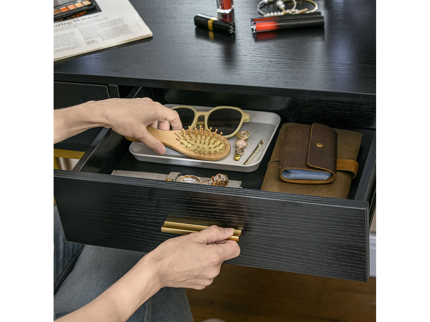 Tavolo da trucco a 2 cassetti 6 ripiani con accessori e sgabello nero