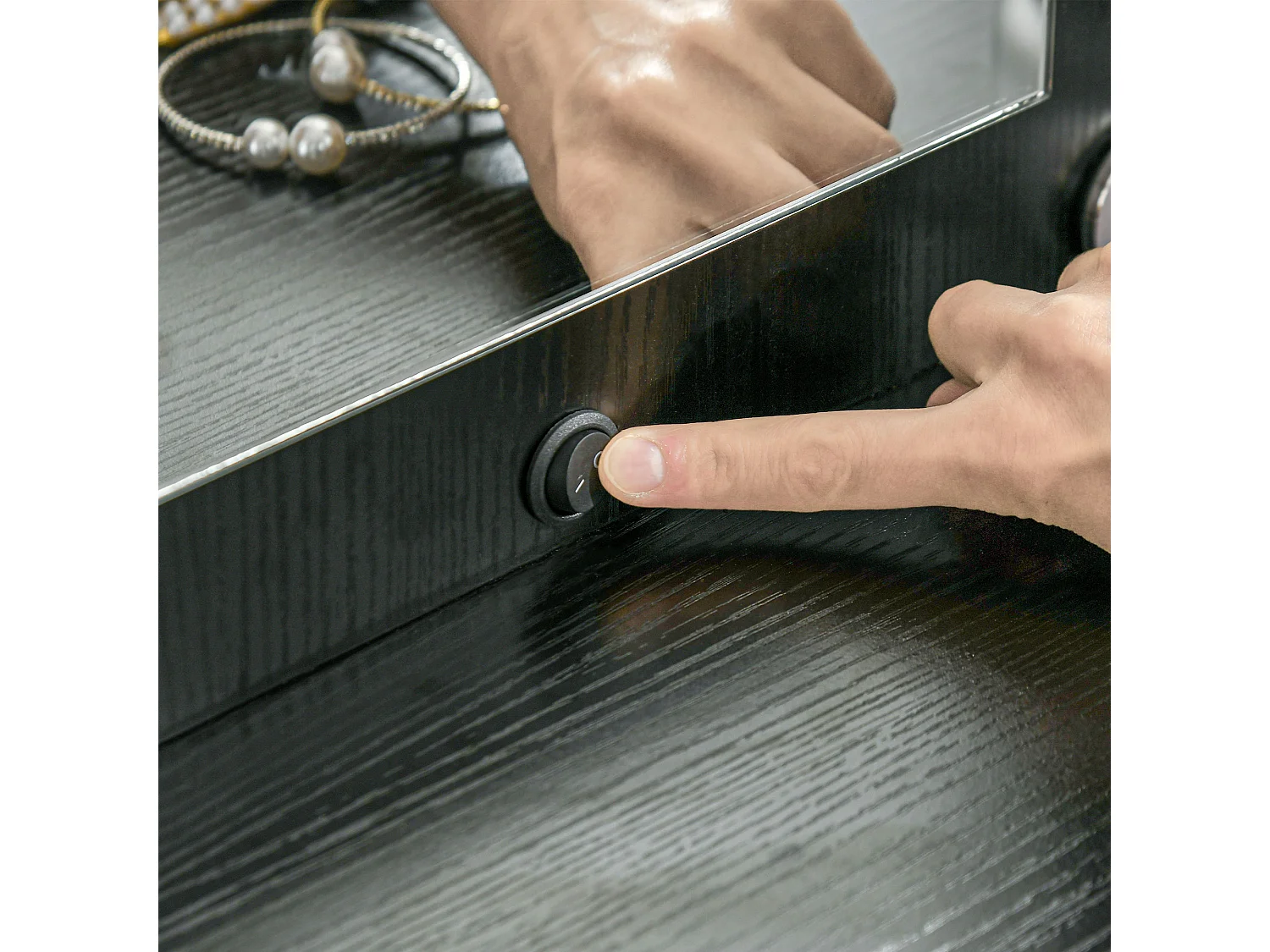 Tavolo da trucco a 2 cassetti 6 ripiani con accessori e sgabello nero