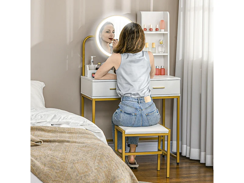 Set toeletta con sgabello e specchio illuminato cassetti e ripiani