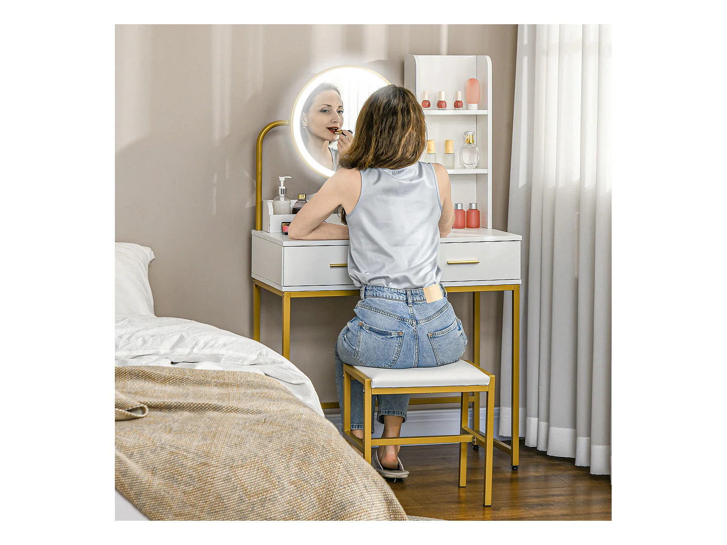 Set toeletta con sgabello e specchio illuminato cassetti e ripiani