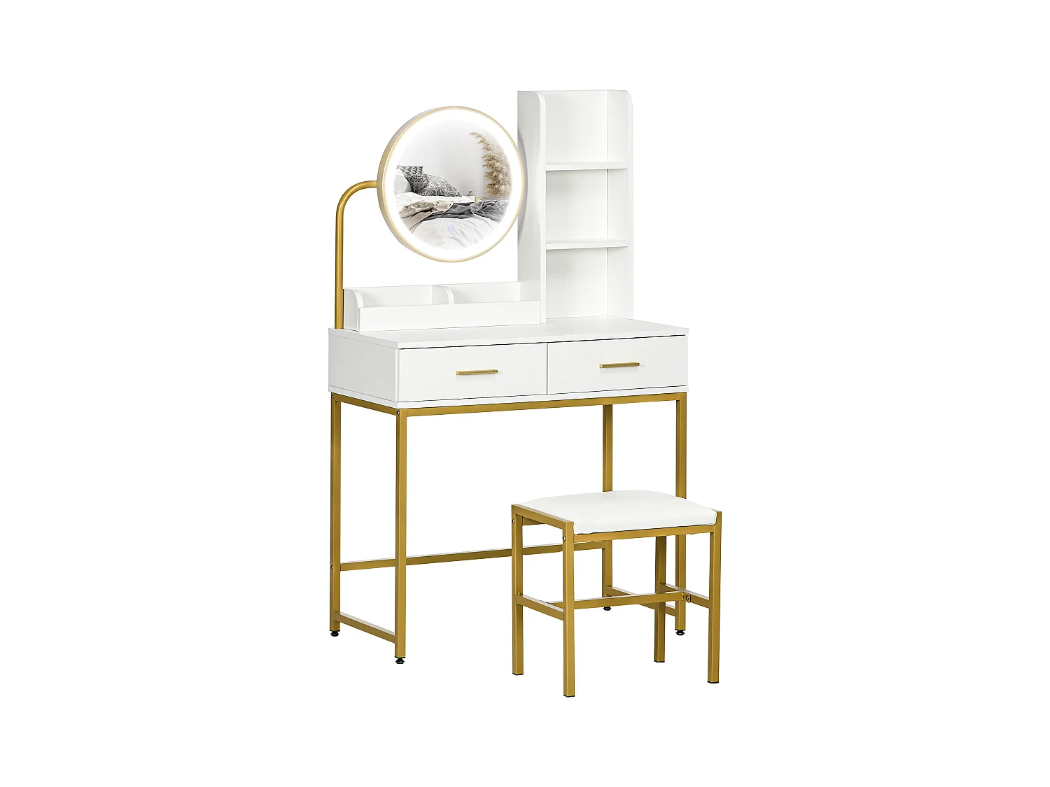 Set toeletta con sgabello e specchio illuminato cassetti e ripiani