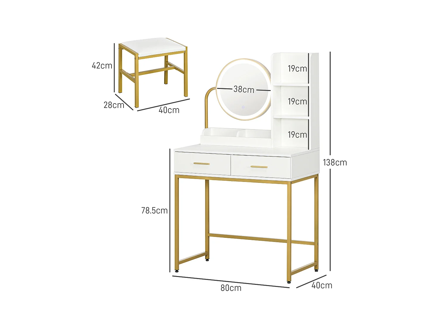 Set toeletta con sgabello e specchio illuminato cassetti e ripiani