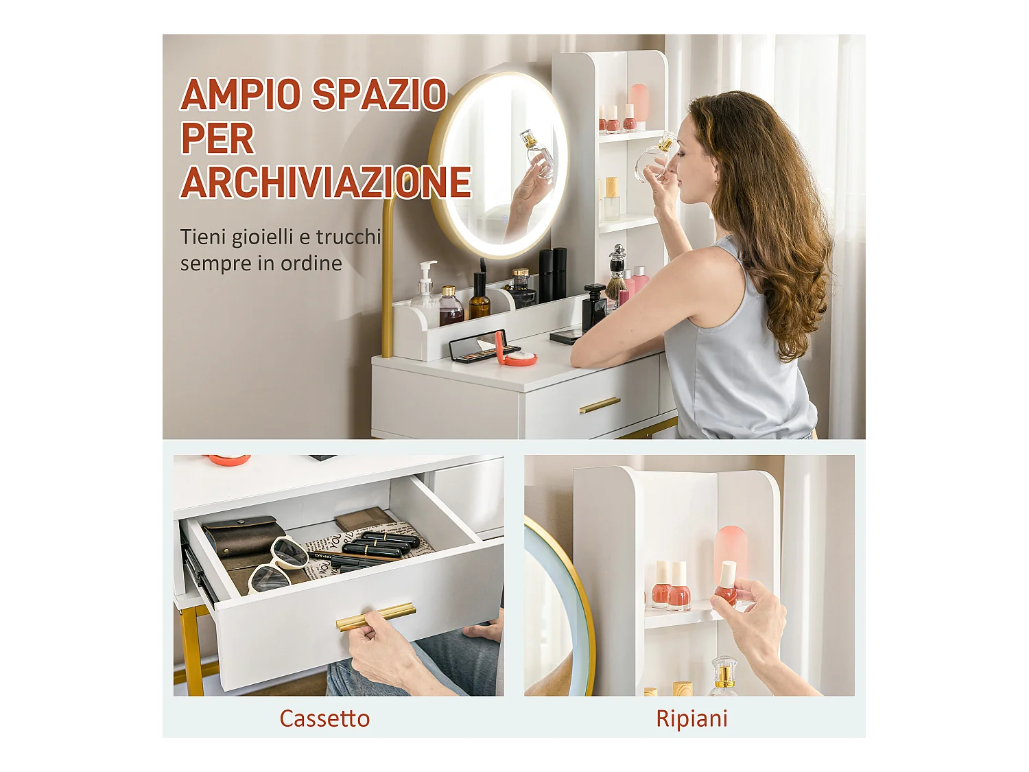 Set toeletta con sgabello e specchio illuminato cassetti e ripiani