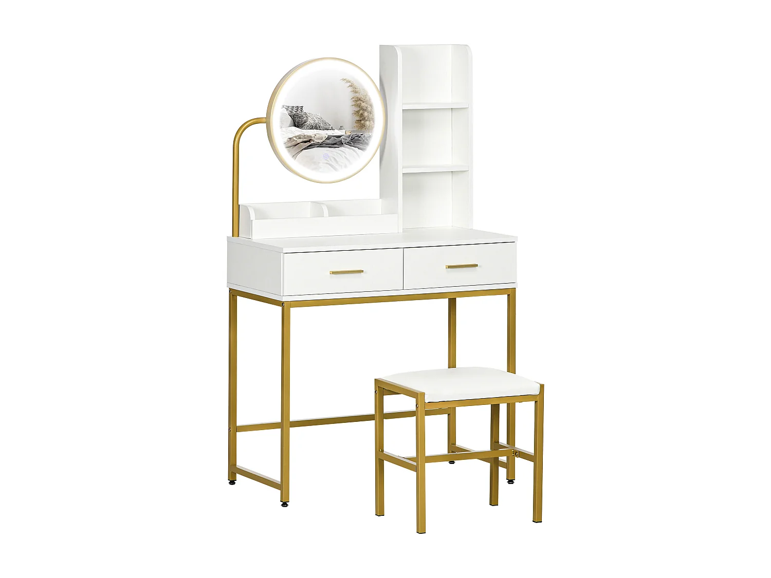 Set toeletta con sgabello e specchio illuminato cassetti e ripiani