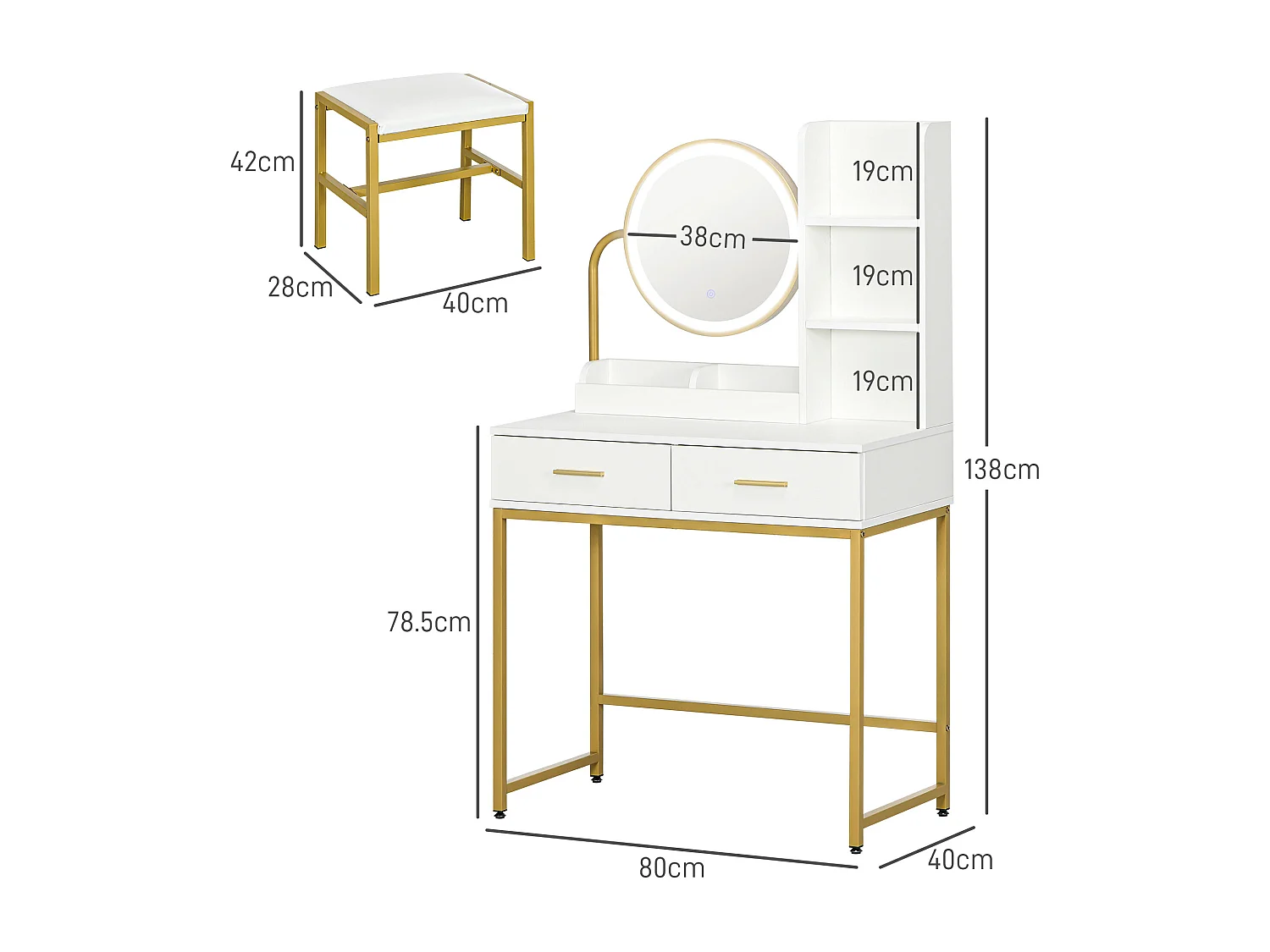 Set toeletta con sgabello e specchio illuminato cassetti e ripiani