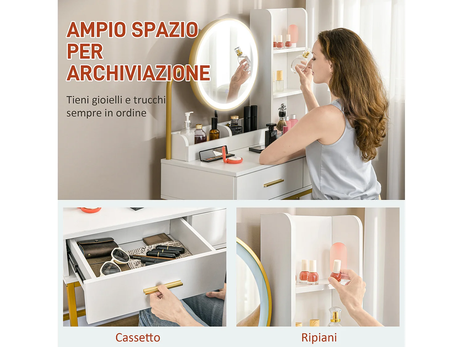 Set toeletta con sgabello e specchio illuminato cassetti e ripiani