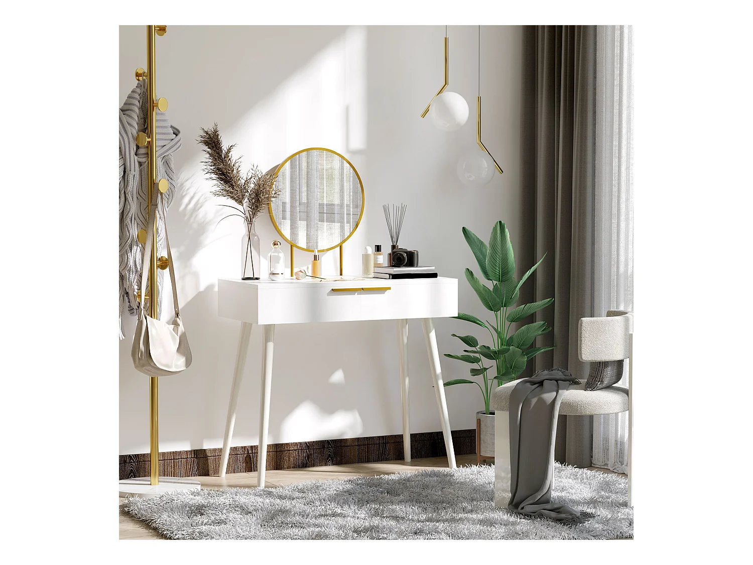 Tavolo trucco con specchio e 2 cassetti per accessori in legno bianco