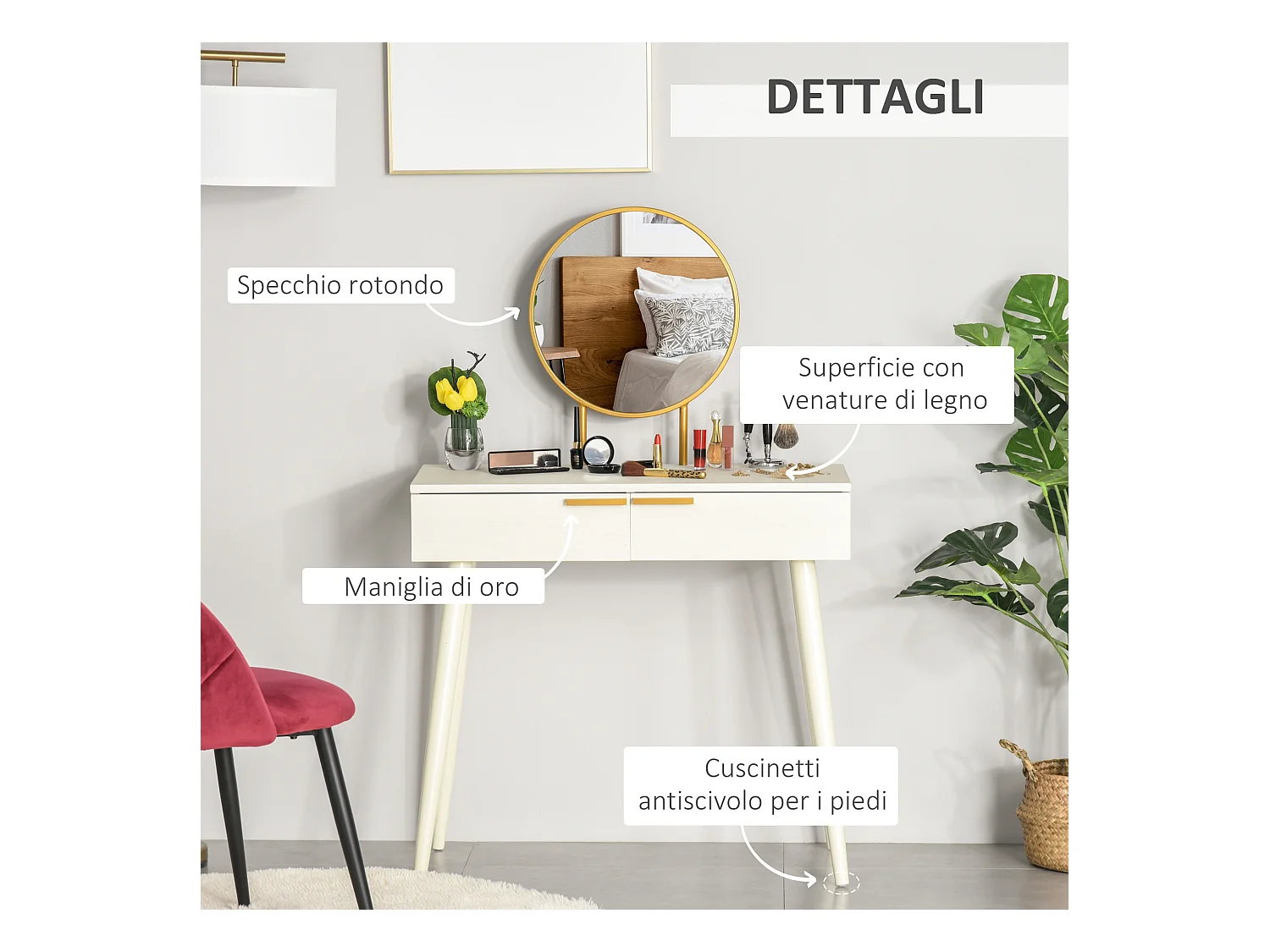 Tavolo trucco con specchio e 2 cassetti per accessori in legno bianco