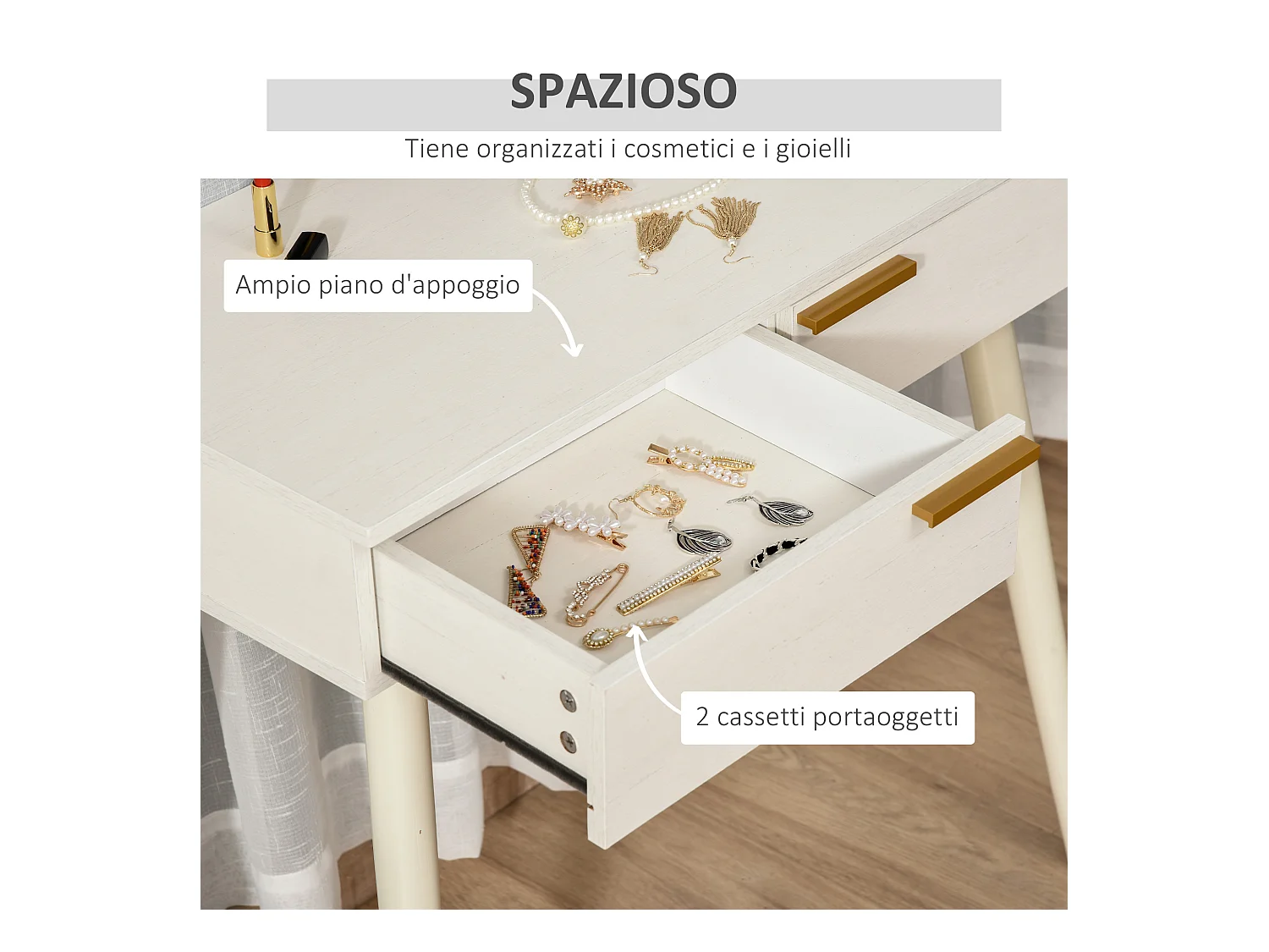 Tavolo trucco con specchio e 2 cassetti per accessori in legno bianco
