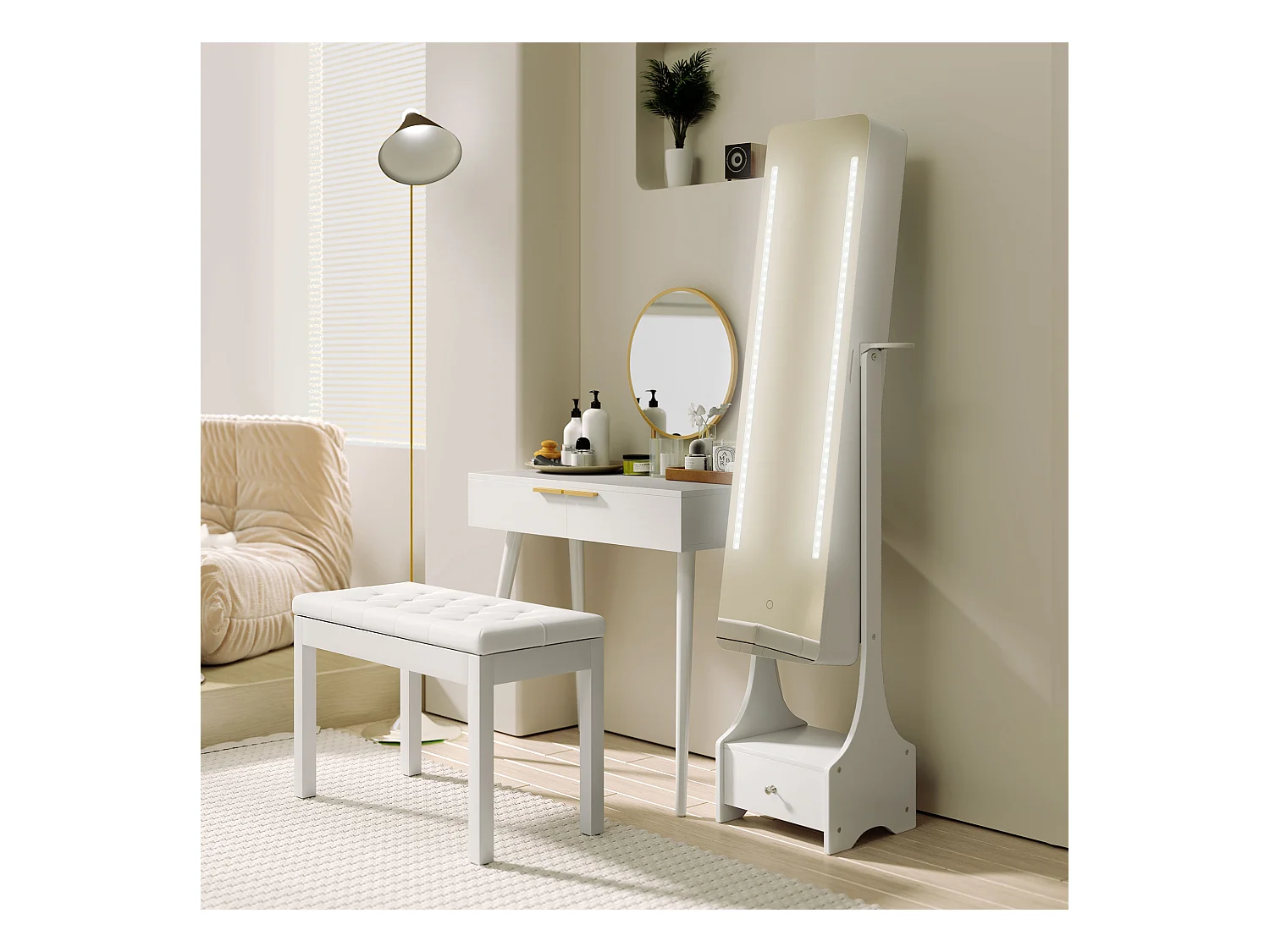 Tavolo trucco con specchio e 2 cassetti per accessori in legno bianco