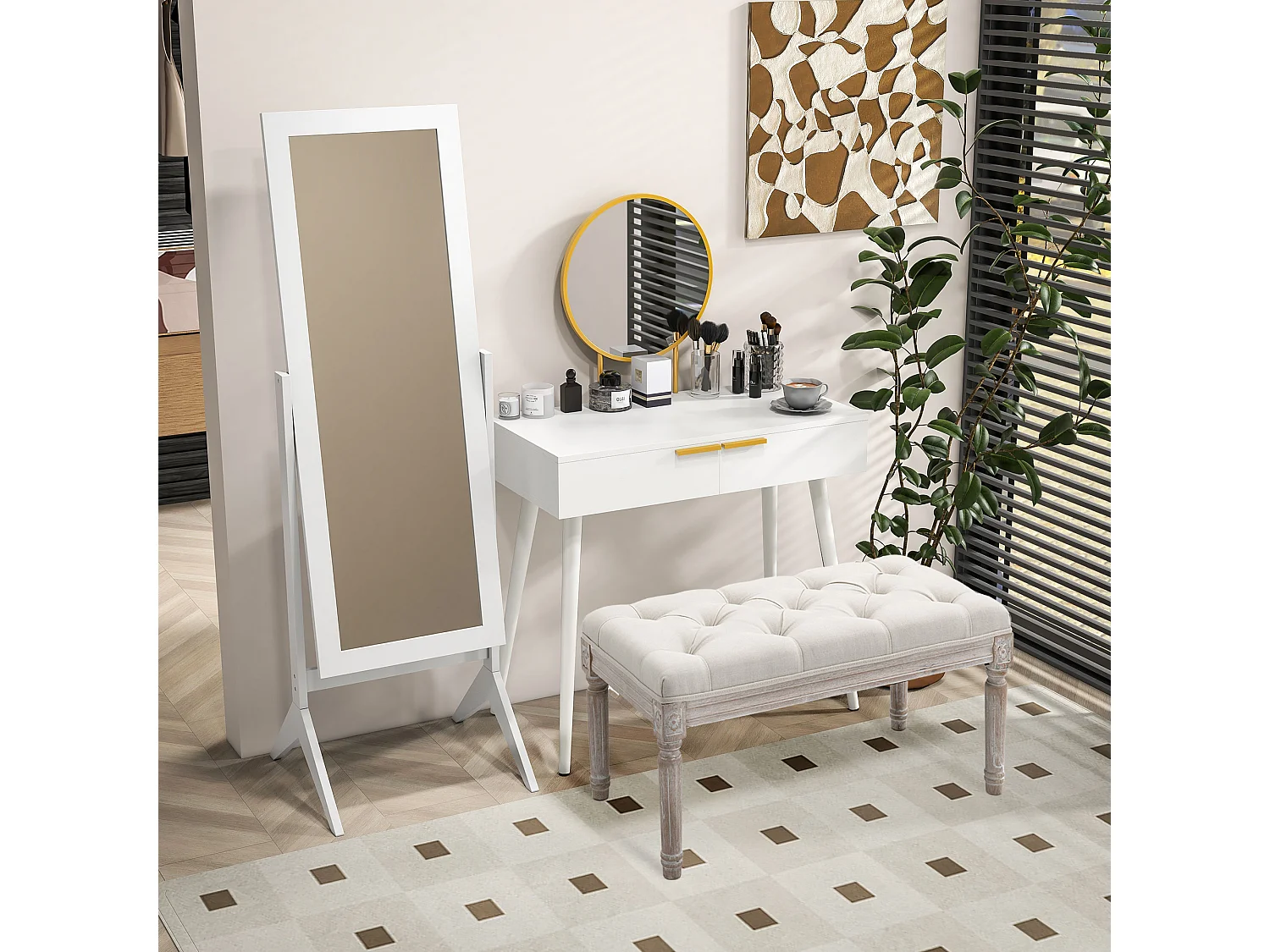 Tavolo trucco con specchio e 2 cassetti per accessori in legno bianco