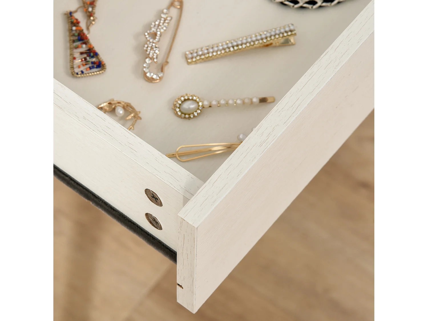 Tavolo trucco con specchio e 2 cassetti per accessori in legno bianco