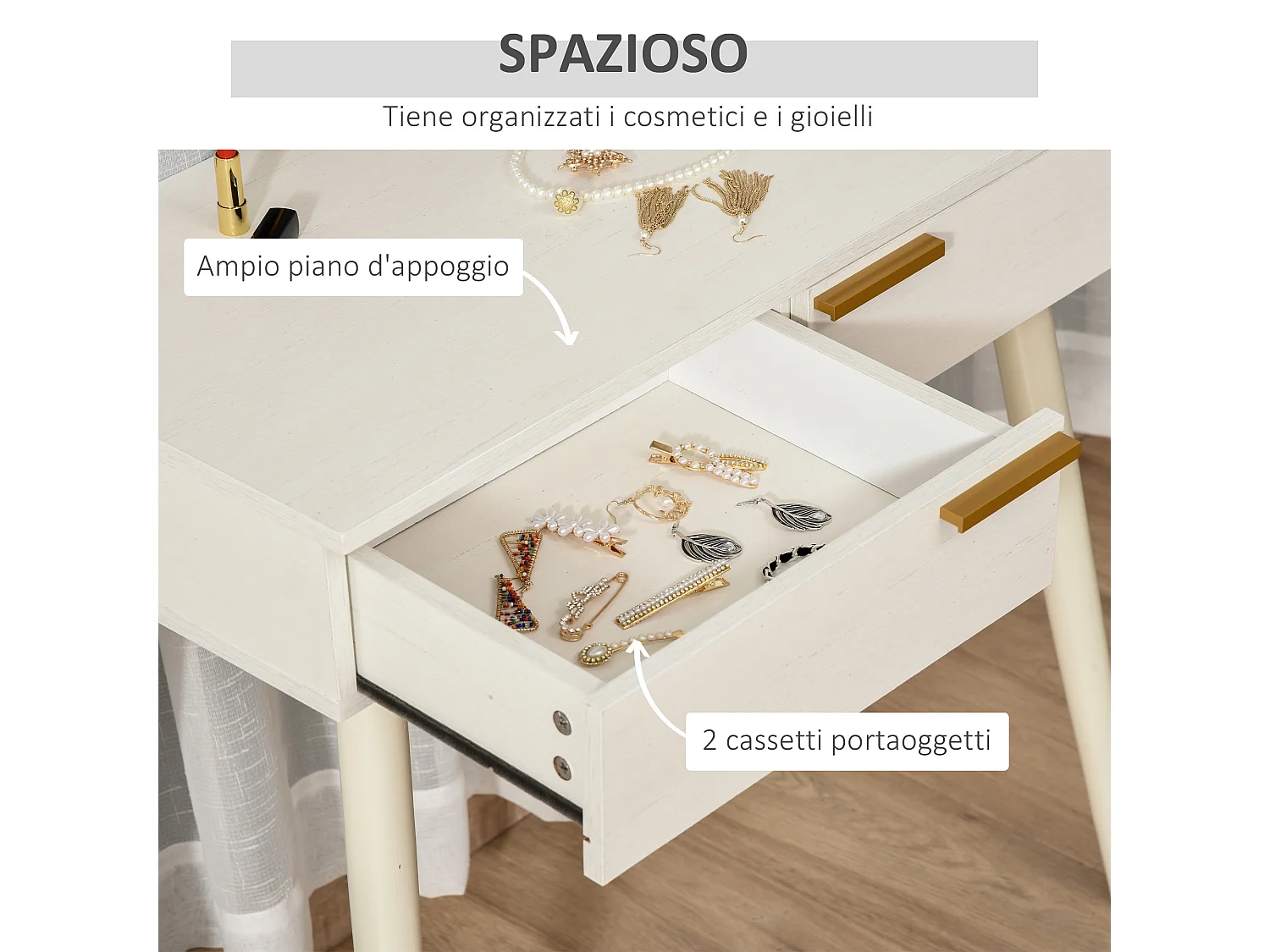 Tavolo trucco con specchio e 2 cassetti per accessori in legno bianco