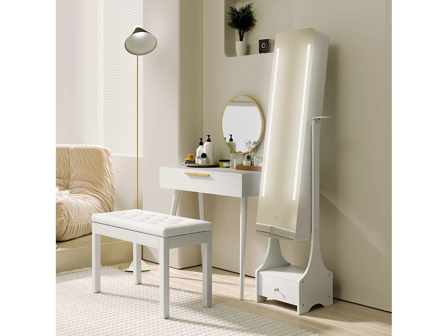 Tavolo trucco con specchio e 2 cassetti per accessori in legno bianco