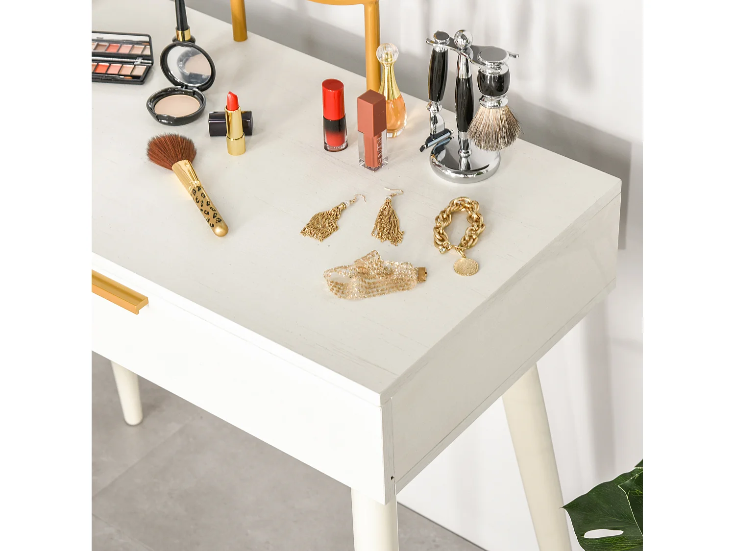 Tavolo trucco con specchio e 2 cassetti per accessori in legno bianco