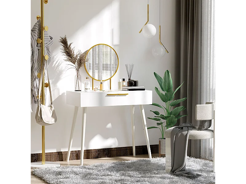 Tavolo trucco con specchio e 2 cassetti per accessori in legno bianco