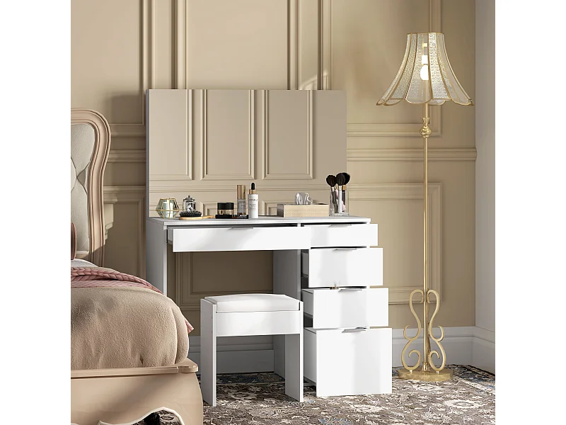 Set tavolo da trucco con specchio e 5 cassetti e sgabello bianco