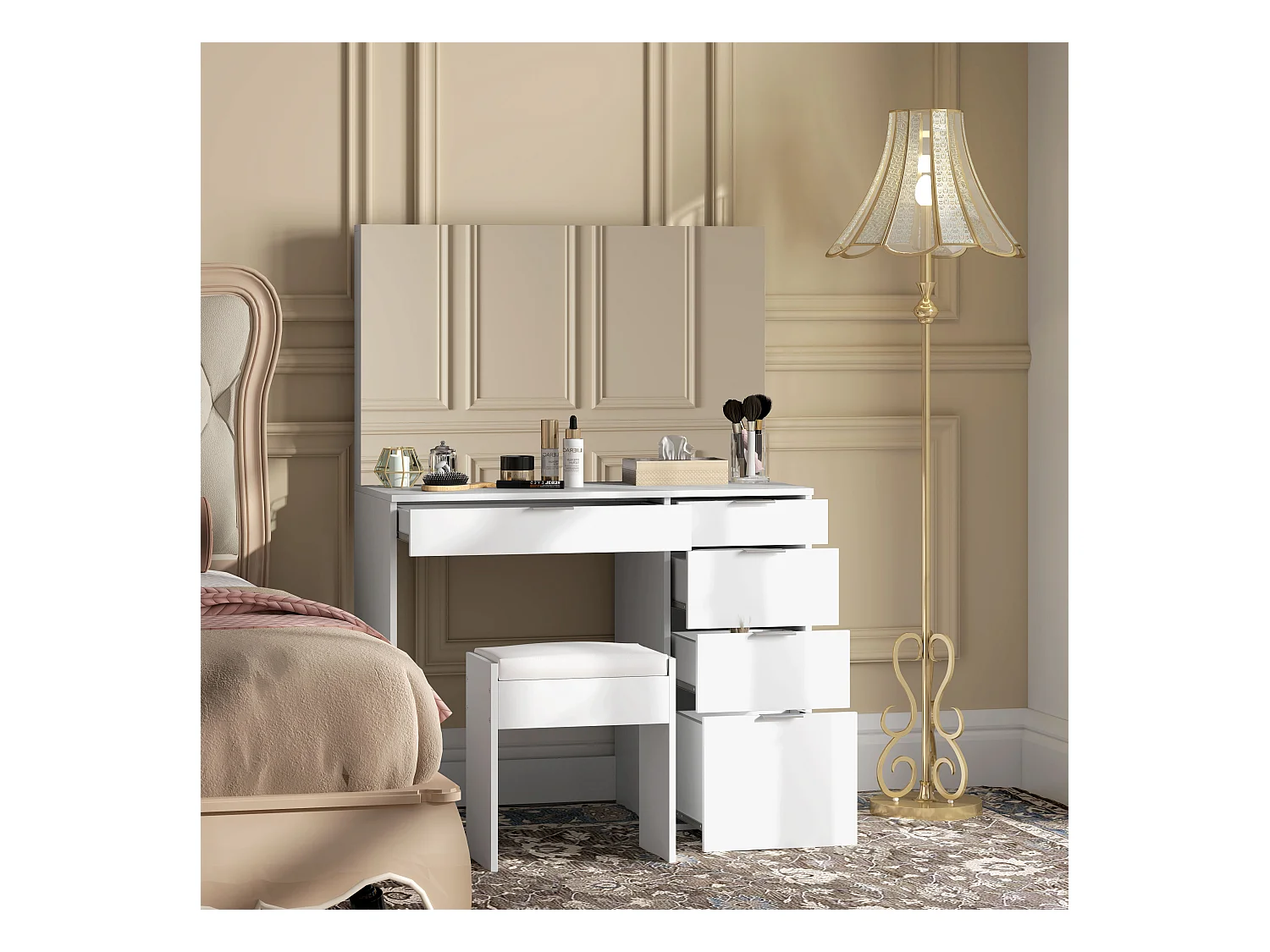 Set tavolo da trucco con specchio e 5 cassetti e sgabello bianco