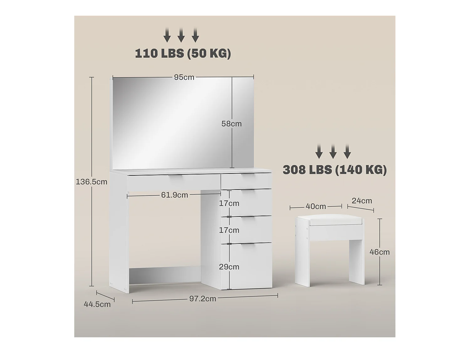 Set tavolo da trucco con specchio e 5 cassetti e sgabello bianco