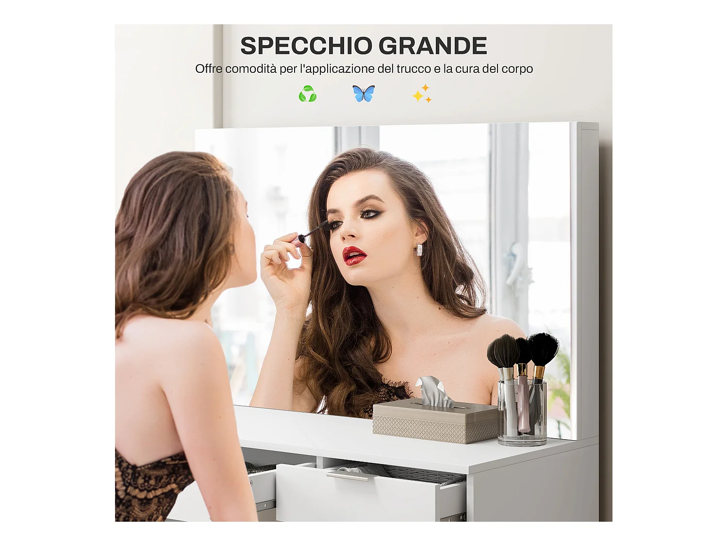 Set tavolo da trucco con specchio e 5 cassetti e sgabello bianco