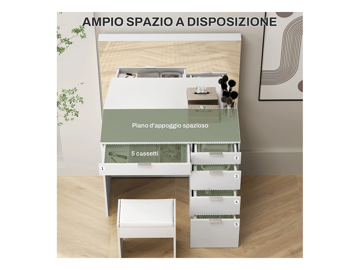Set tavolo da trucco con specchio e 5 cassetti e sgabello bianco