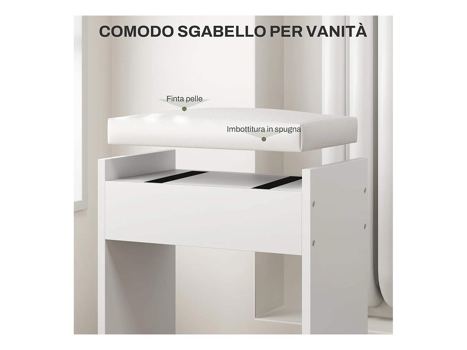 Set tavolo da trucco con specchio e 5 cassetti e sgabello bianco